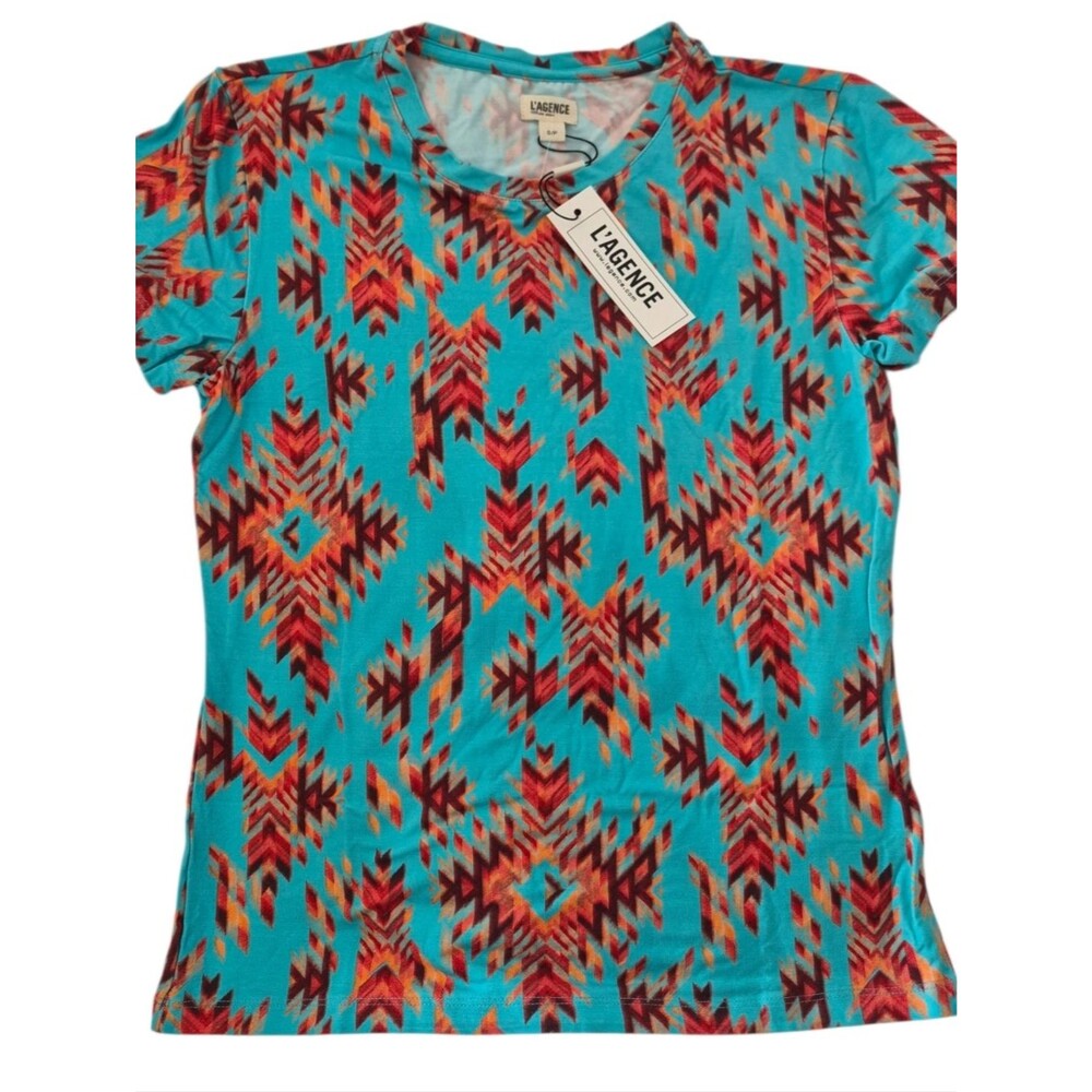 L'AGENCE Ressi Turquoise Southwestern Print Short Sleeve Top Size Small T-Shirt